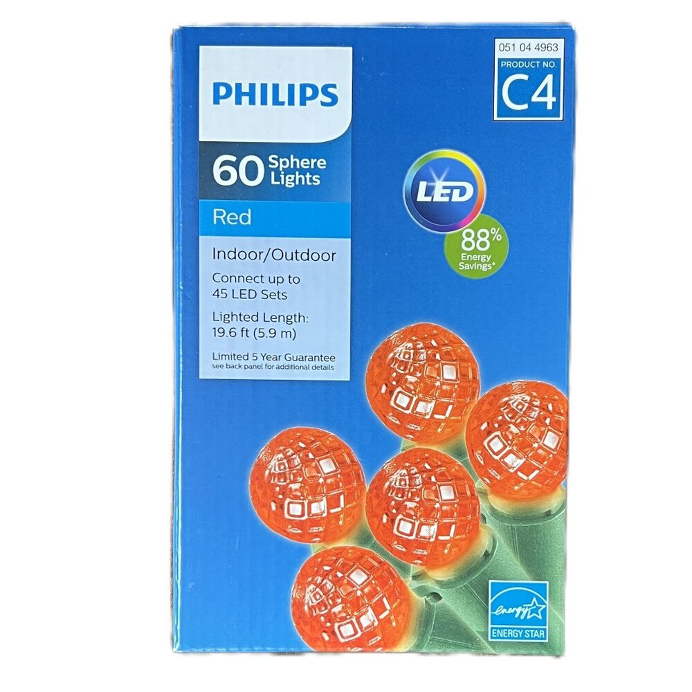 NWOT Philips 60 Sphere Lights Red Indoor/Outdoor, 22 Feet Total Length
